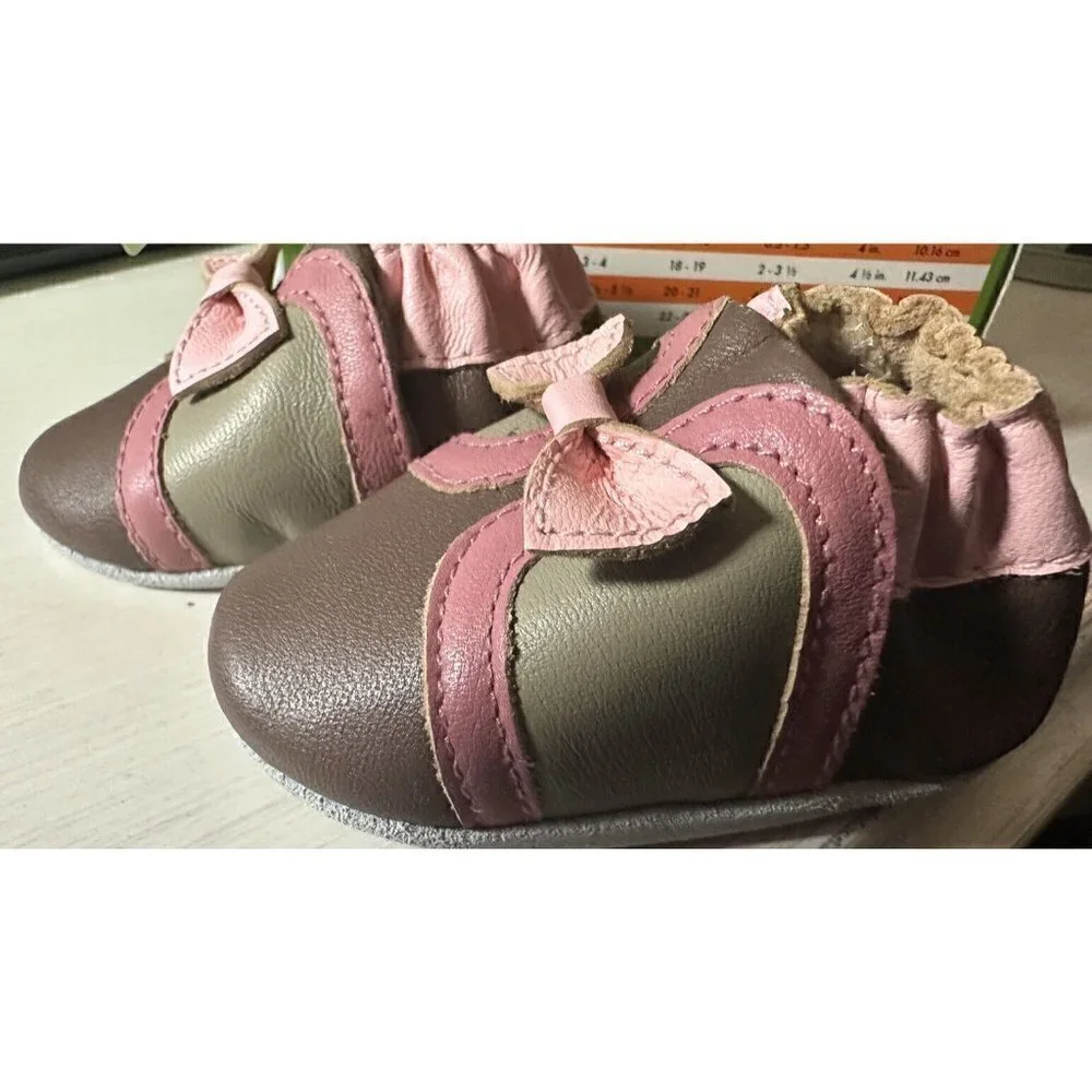 Momo Baby 0-6 Month Soft Sole Bootie Leather Baby Shoes Brown‎ And Pink Bow New